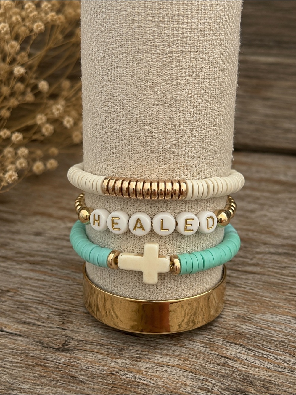 Healed/Cross Bead Bracelet Stack - Cream, Gold & Mint